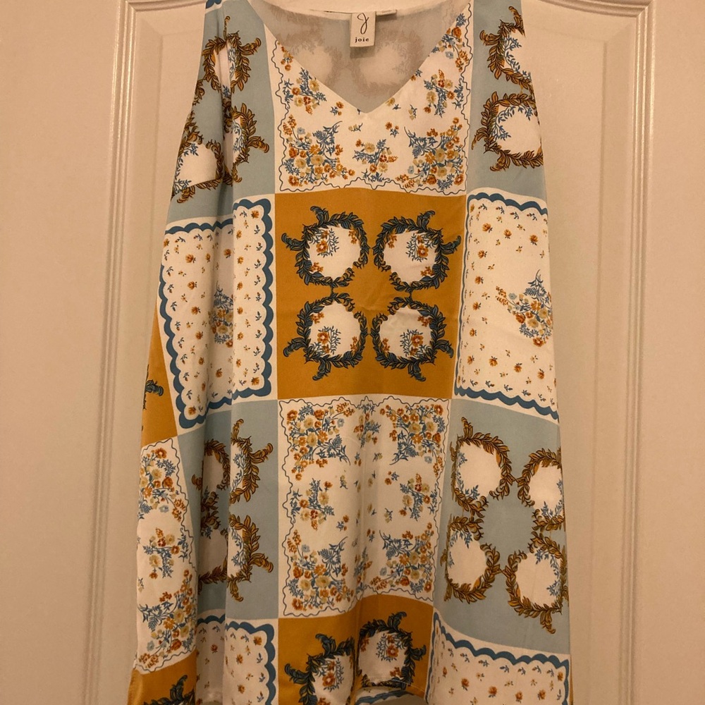 Joie V-Neck Floral Top in Blue and Mustard. Adjustable straps. Large.